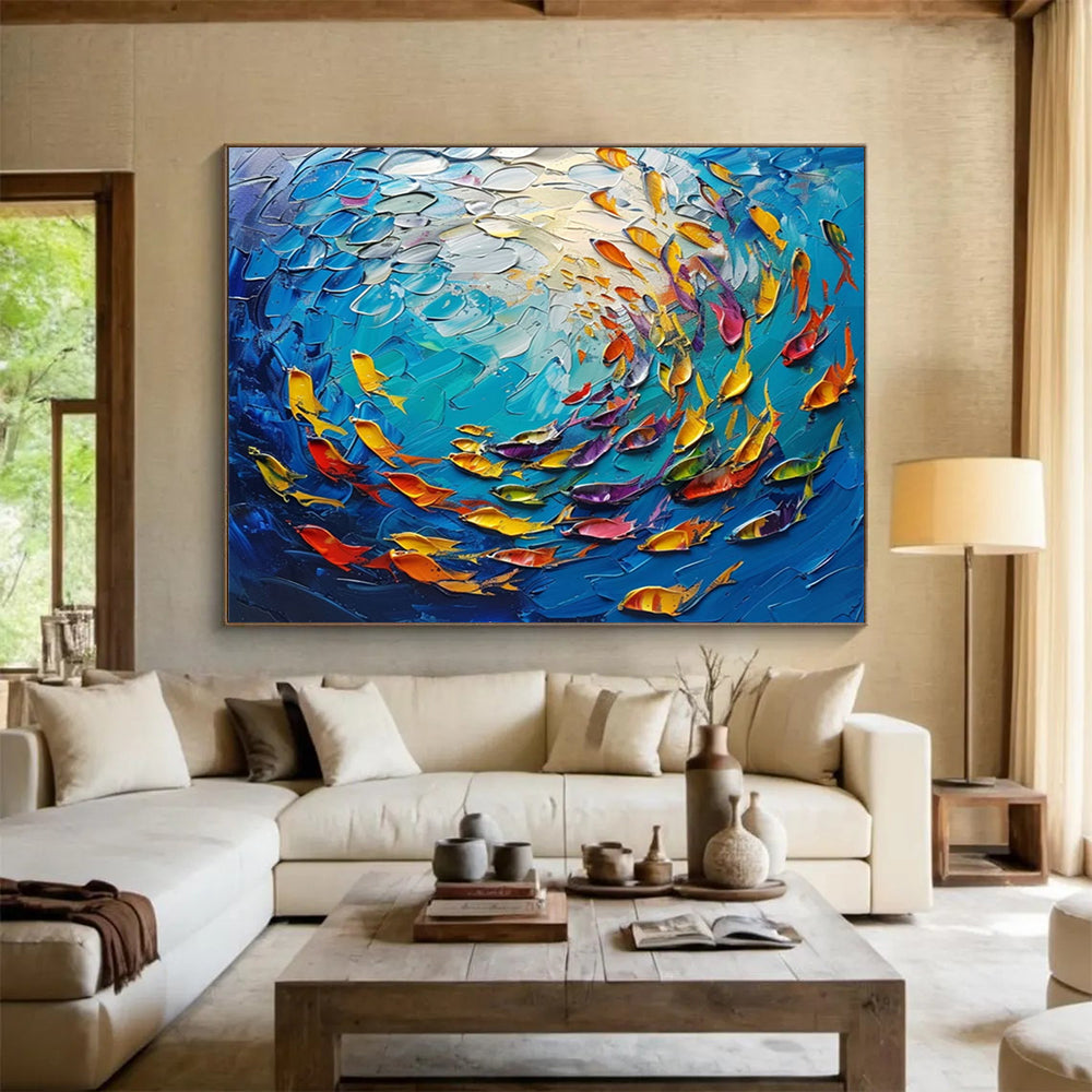 “3D Colorful Fish School” - Textured Underwater Painting On Canvas PT199