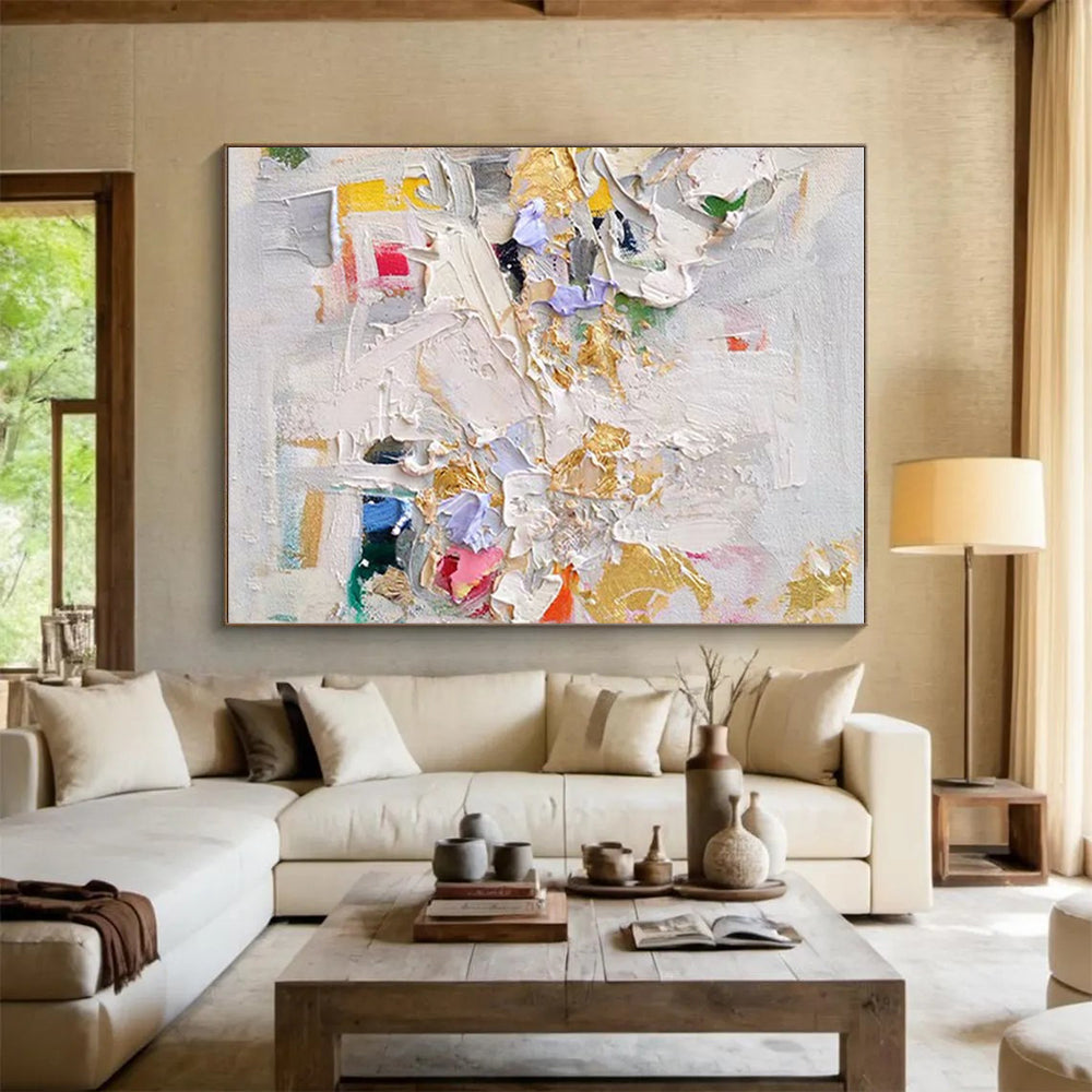 “Colorful Textured Collage” - Multicolor, Gold Abstract Impasto Painting On Canvas PS0723