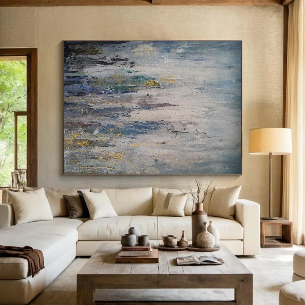 “Blue - Gray - Gold Rainfall Abstraction” - Blue, Gray, Gold, White Abstract Rain - like Painting On Canvas PS0561