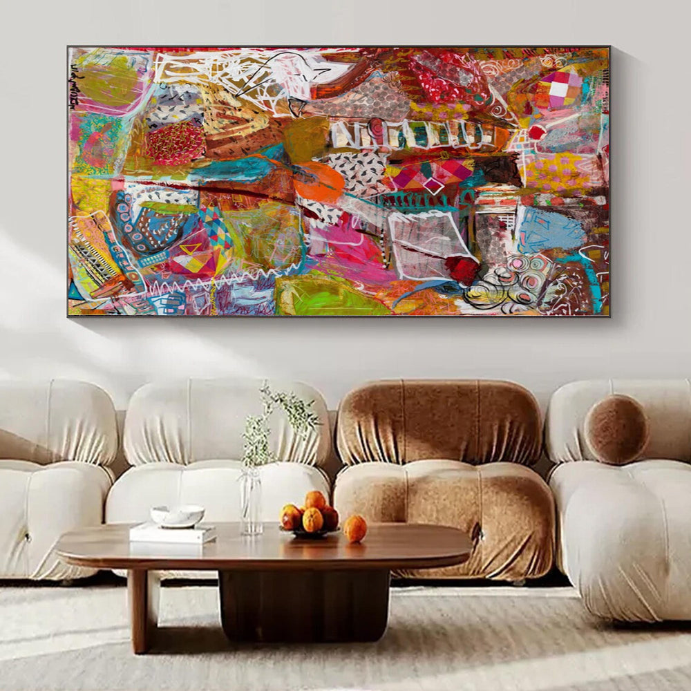 Colorful Collage - Style Abstract "Vibrant Chaos" Mixed - Media Painting On Canvas PS1083