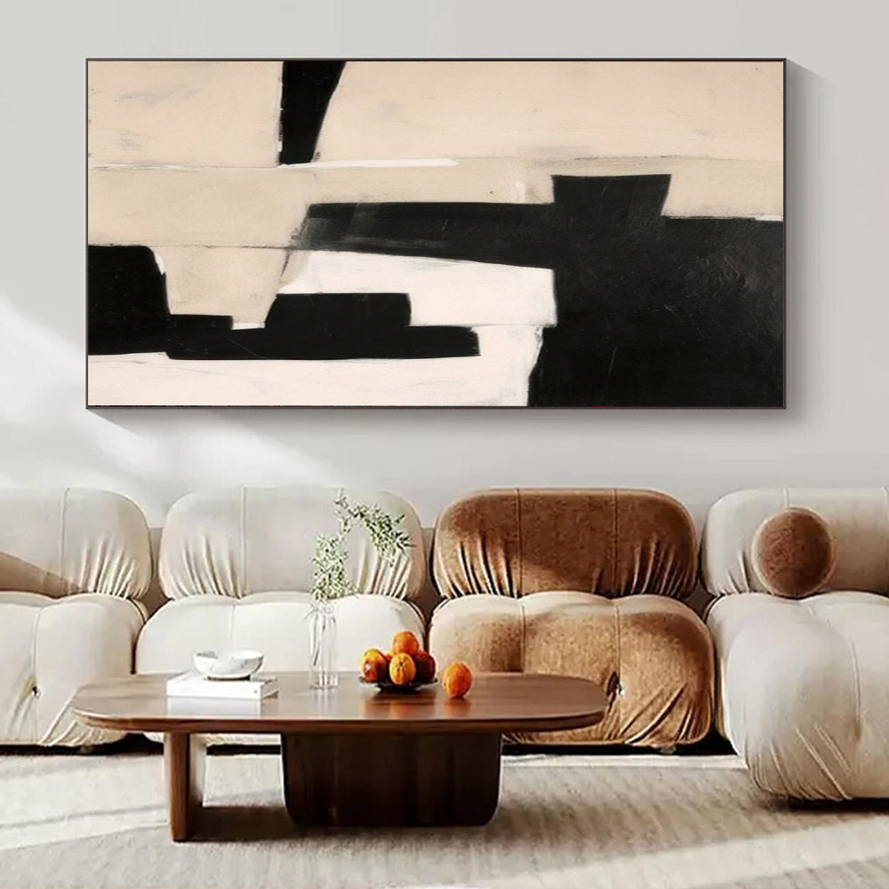 Monochromatic, "Black and Beige Blocks" – Abstract Geometric Painting On Canvas PS1038