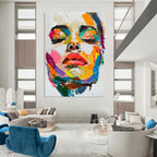 Colorful Abstract Face Close - Up Textured Painting On Canvas DS090