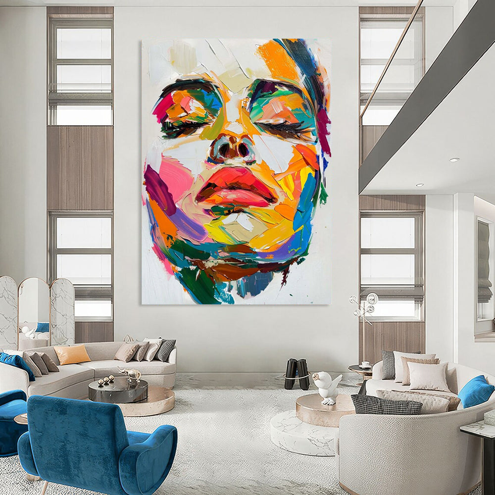 Colorful Abstract Face Close - Up Textured Painting On Canvas DS090