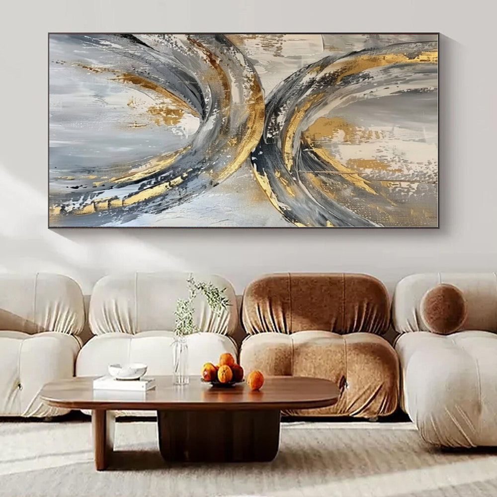 Gray, Gold, White with Circular Textures "Gilded Orbits" Abstract Painting On Canvas PS1266