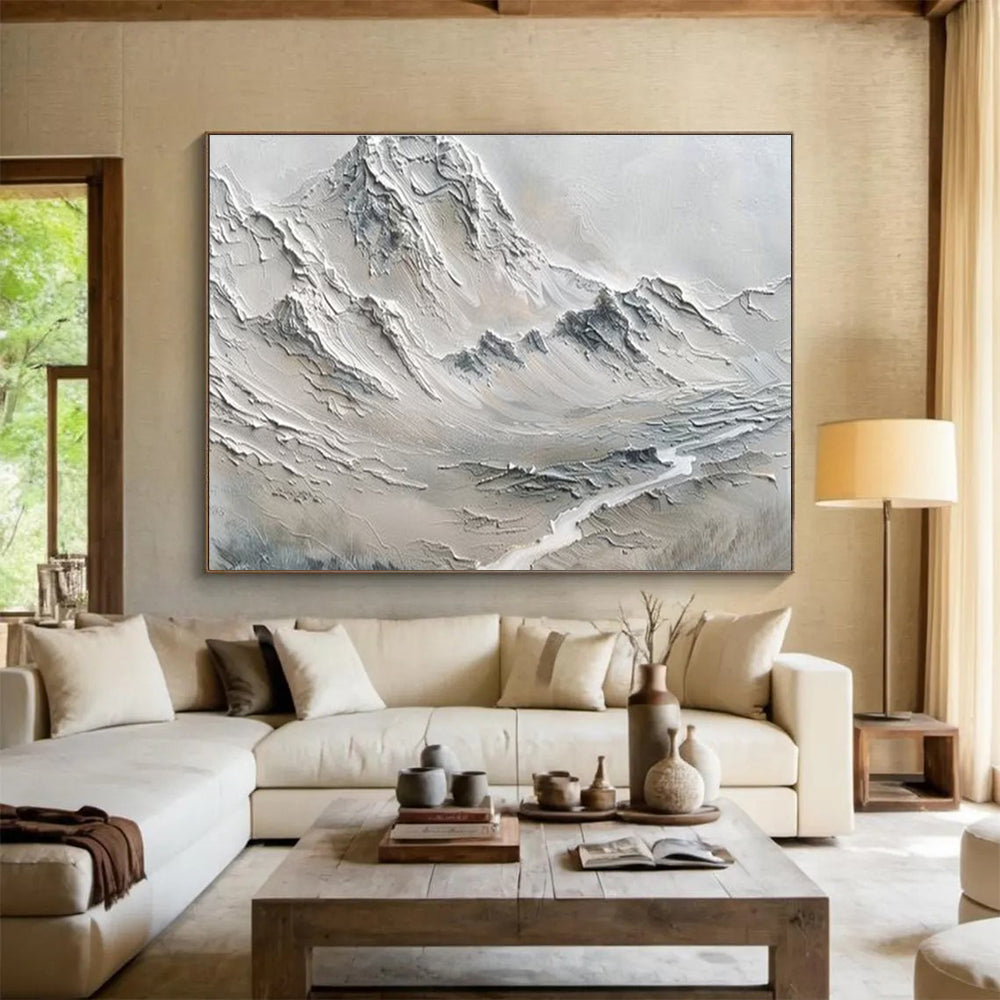 “Monochrome Textured Mountains” - Minimalist Sculptural Painting On Canvas DKS457