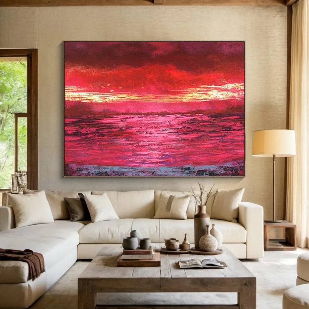 “Vibrant Red Sunset Over Water” Landscape Painting On Canvas DKS191