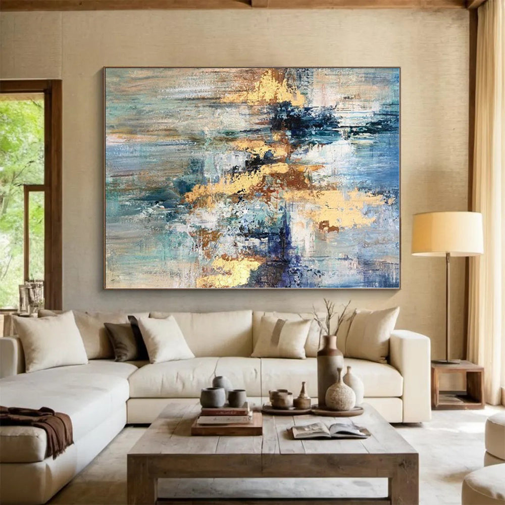 “Blue, Gold & Beige Abstract Fusion” - Abstract Painting On Canvas PS0414