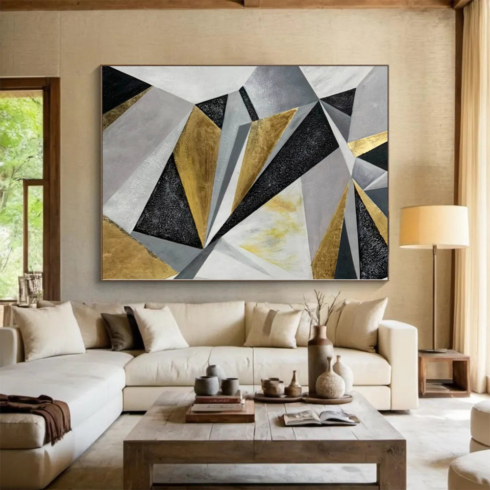 “Gold - Silver - Black Abstract Geometric Patterns” - Luxe Abstract Painting On Canvas PS0329