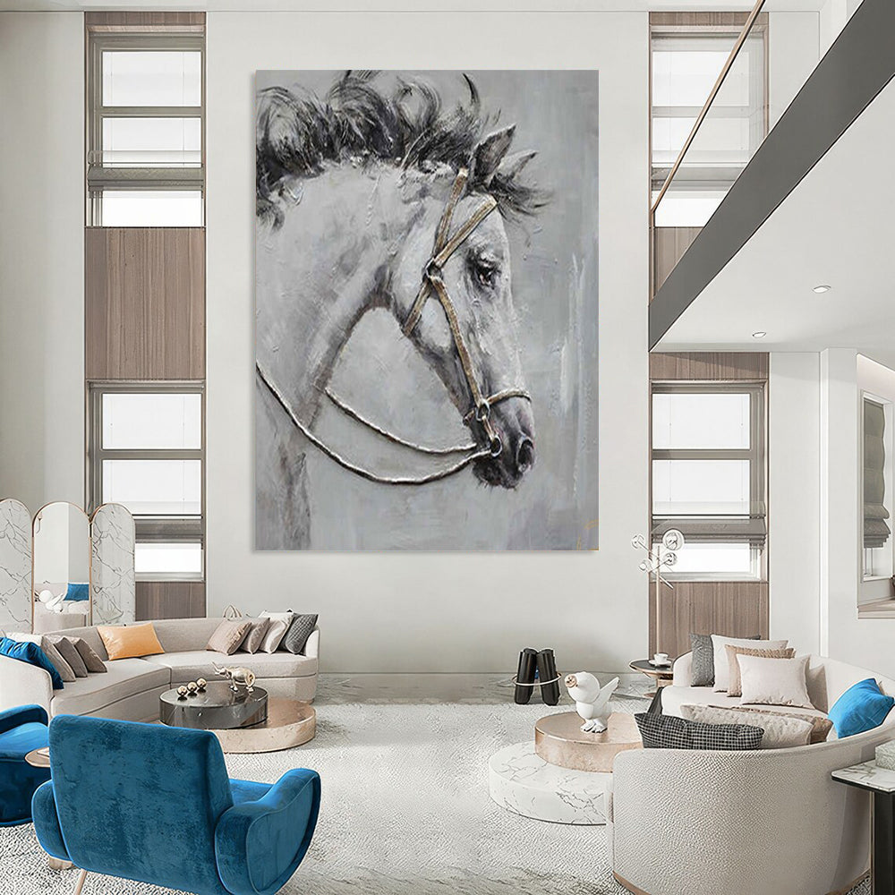 “Gray Horse with Bridle” - Textured Oil Painting On Canvas PT2179