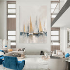 “Gold - Silver Sailboats on Gray Water” - Impressionist - Inspired Seascape Painting On Canvas PT1416