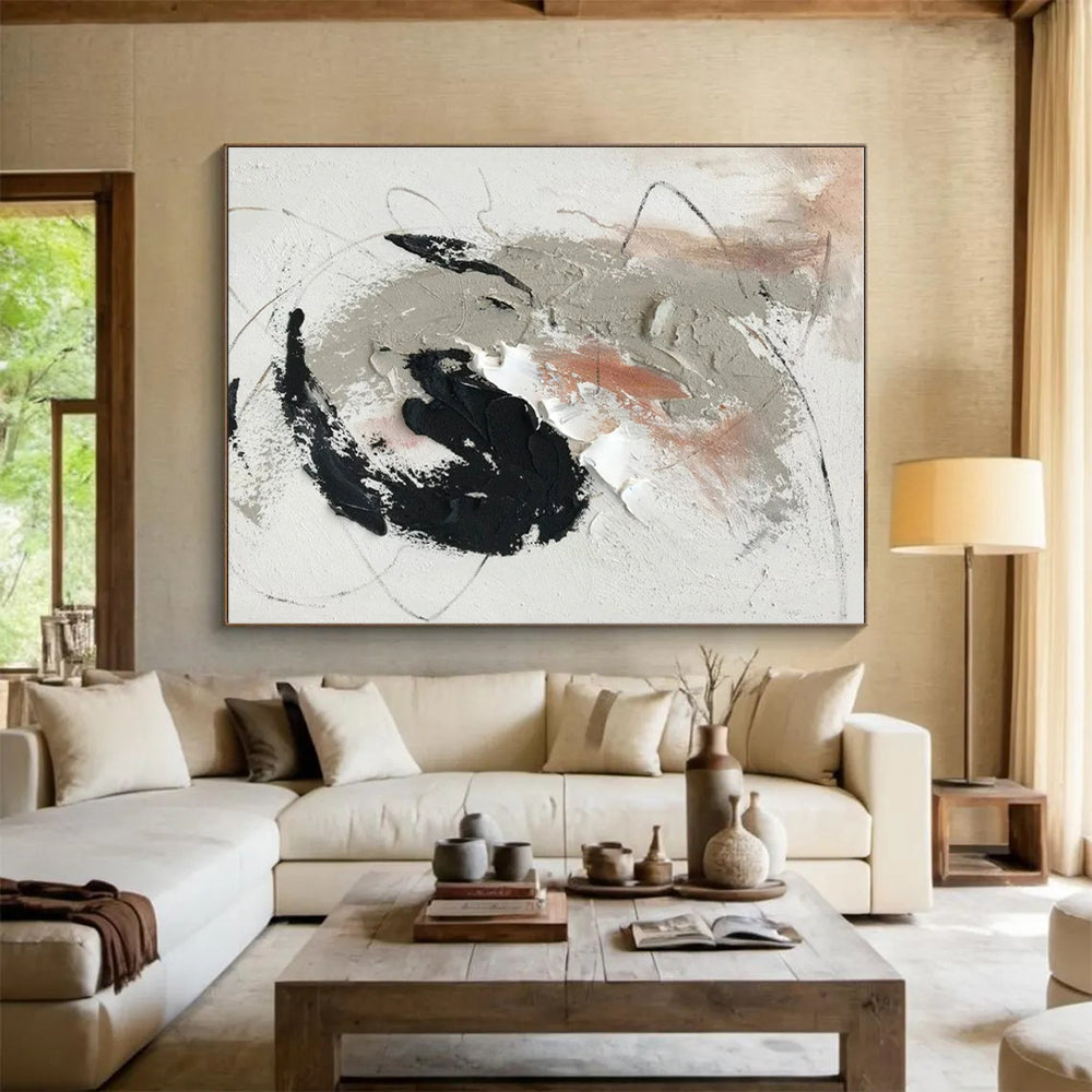 Gray, Black, White, Peach Expressive Marks “Muted Emotion” - Painting On Canvas PS0809