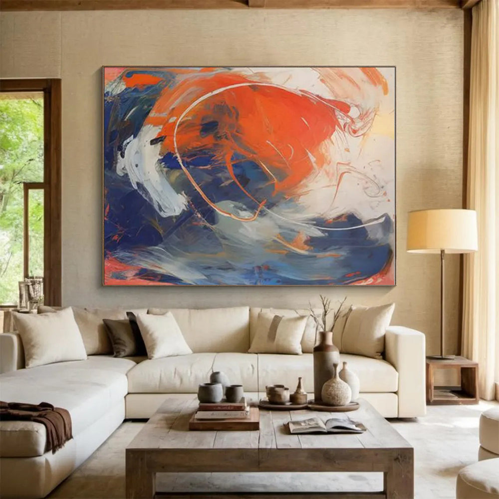 “Orange - Blue - White Abstract Swirling Forms” Painting On Canvas PS0843