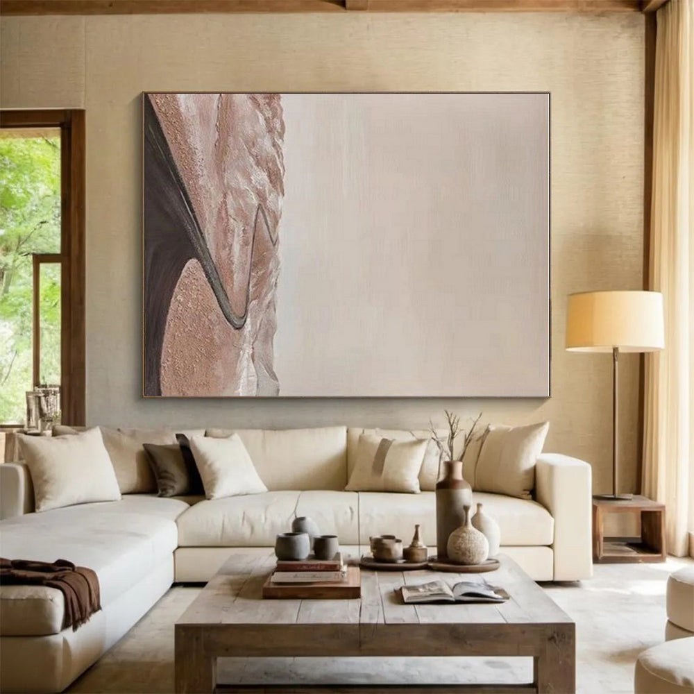 “Desert Road Journey” - Beige, Brown, Black Abstract Landscape Painting On Canvas PS0665
