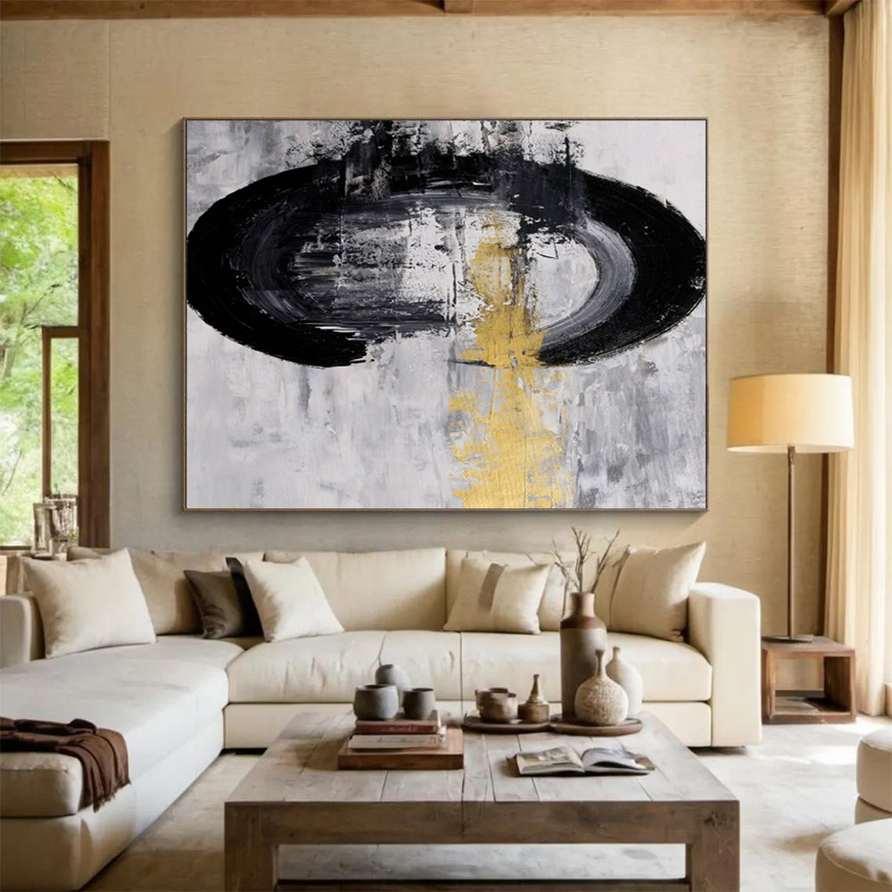 Black, White & Gold Minimalist Abstract Painting On Canvas DKS016