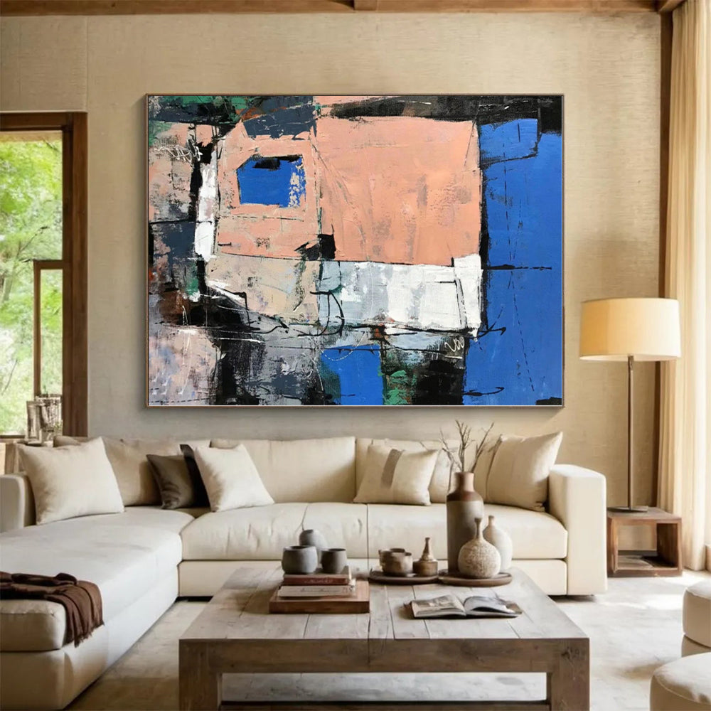 “Blue - Peach Urban Geometry” - Blue, Peach, Gray Abstract Painting On Canvas PS0468