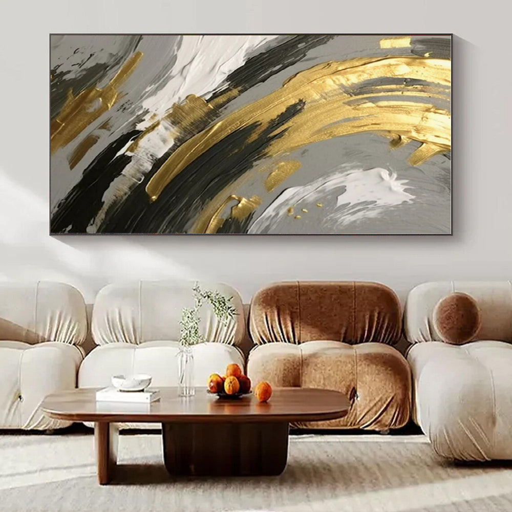 Gold, Black, and White Swirl Detail - Close - Up Textured Abstract Painting On Canvas PS1252