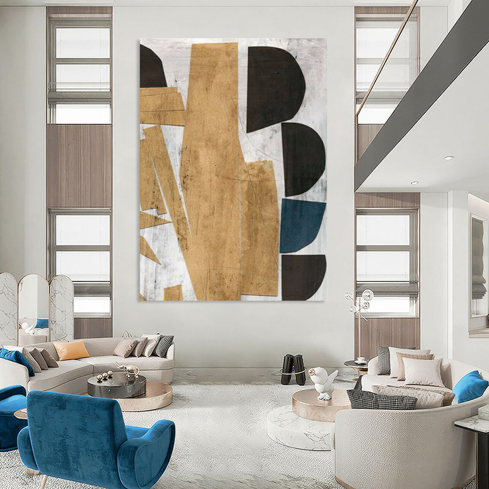 “Geometric Gold & Black Collage” - Mixed Media Shapes with Earthy Tones Painting On Canvas DS216