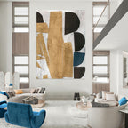 “Geometric Gold & Black Collage” - Mixed Media Shapes with Earthy Tones Painting On Canvas DS216