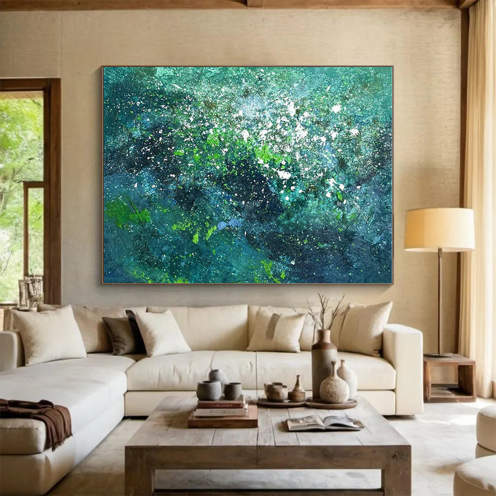 “Teal - Green Splatter Galaxy” - Teal, Green, White Abstract Expressionist Painting On Canvas PS0717