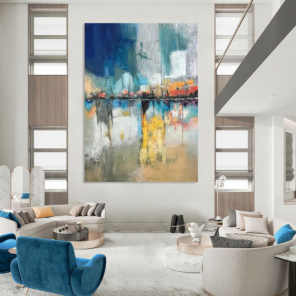 “Blue - Orange Cityscape” - Abstract Impressionist Painting On Canvas PT2331