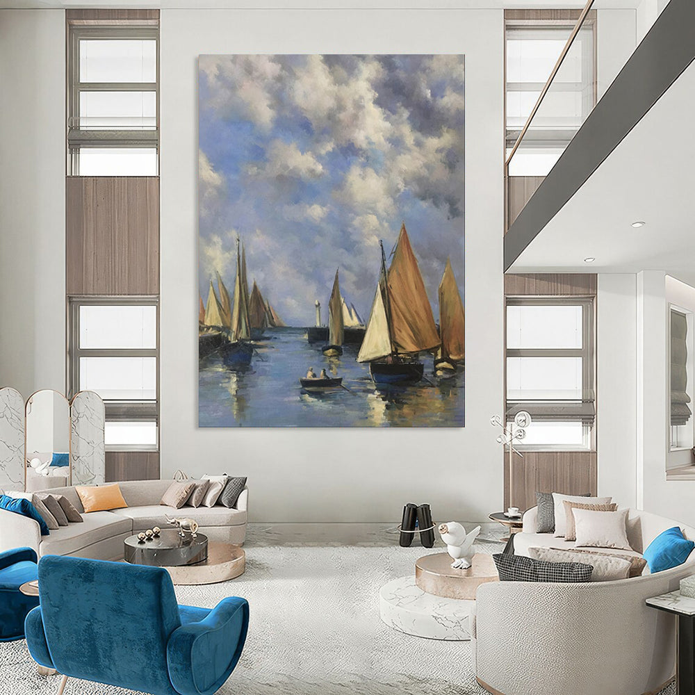 “Sailboats Under a Cloudy Sky” - Impressionist Painting On Canvas PT1994