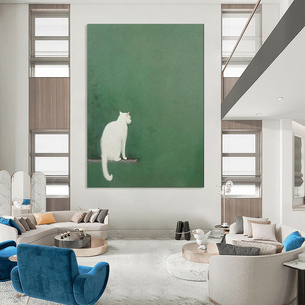 “Minimalist White Cat on Green” - Minimalist Animal Painting On Canvas PT1937