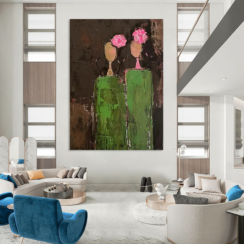 “Dark Green and Pink Abstract Figures” - Primitive Abstract Painting On Canvas PT2242