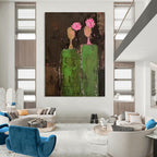 “Dark Green and Pink Abstract Figures” - Primitive Abstract Painting On Canvas PT2242