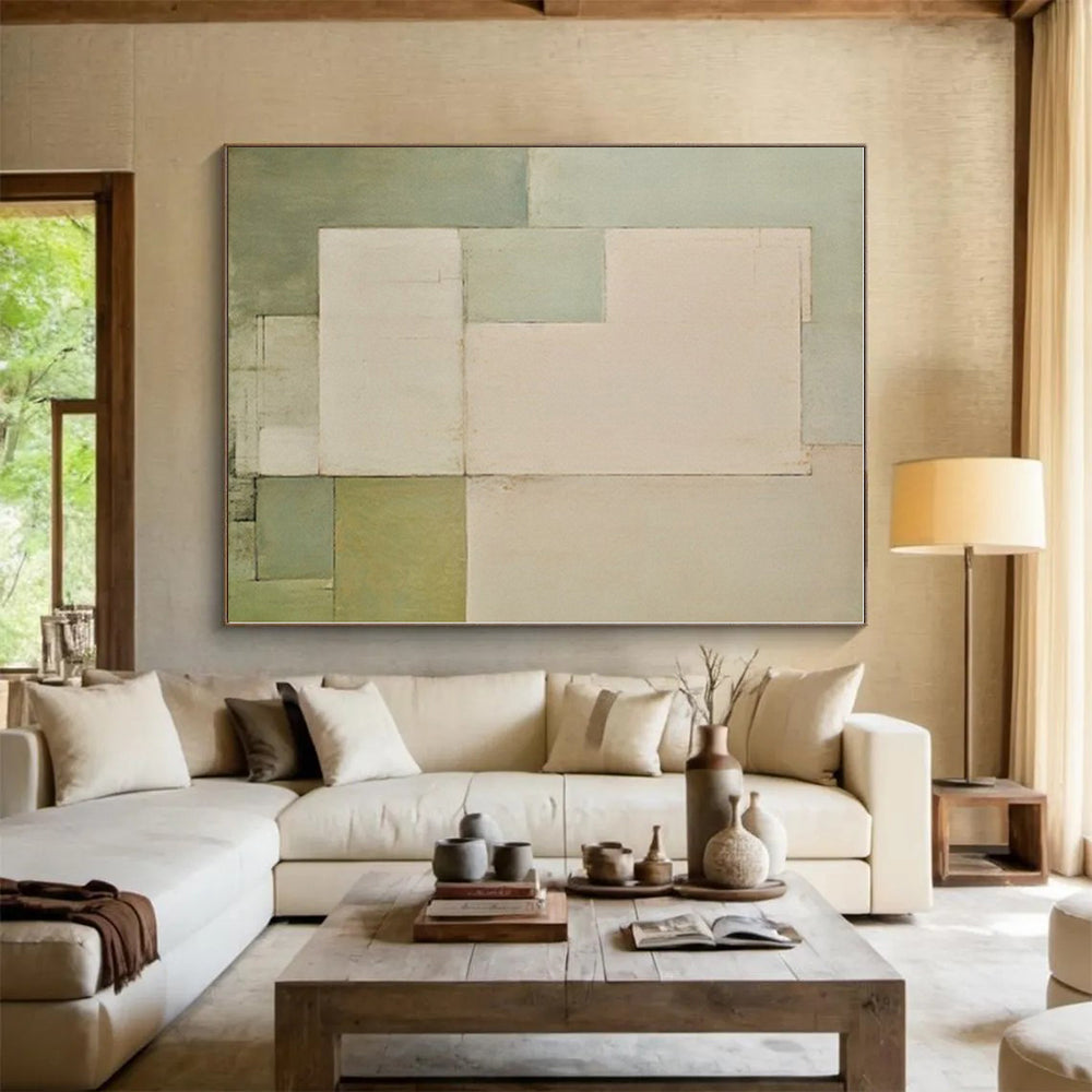 “Pale Green Geometry” - Pale Green, Beige Abstract Geometric Painting On Canvas PS0399