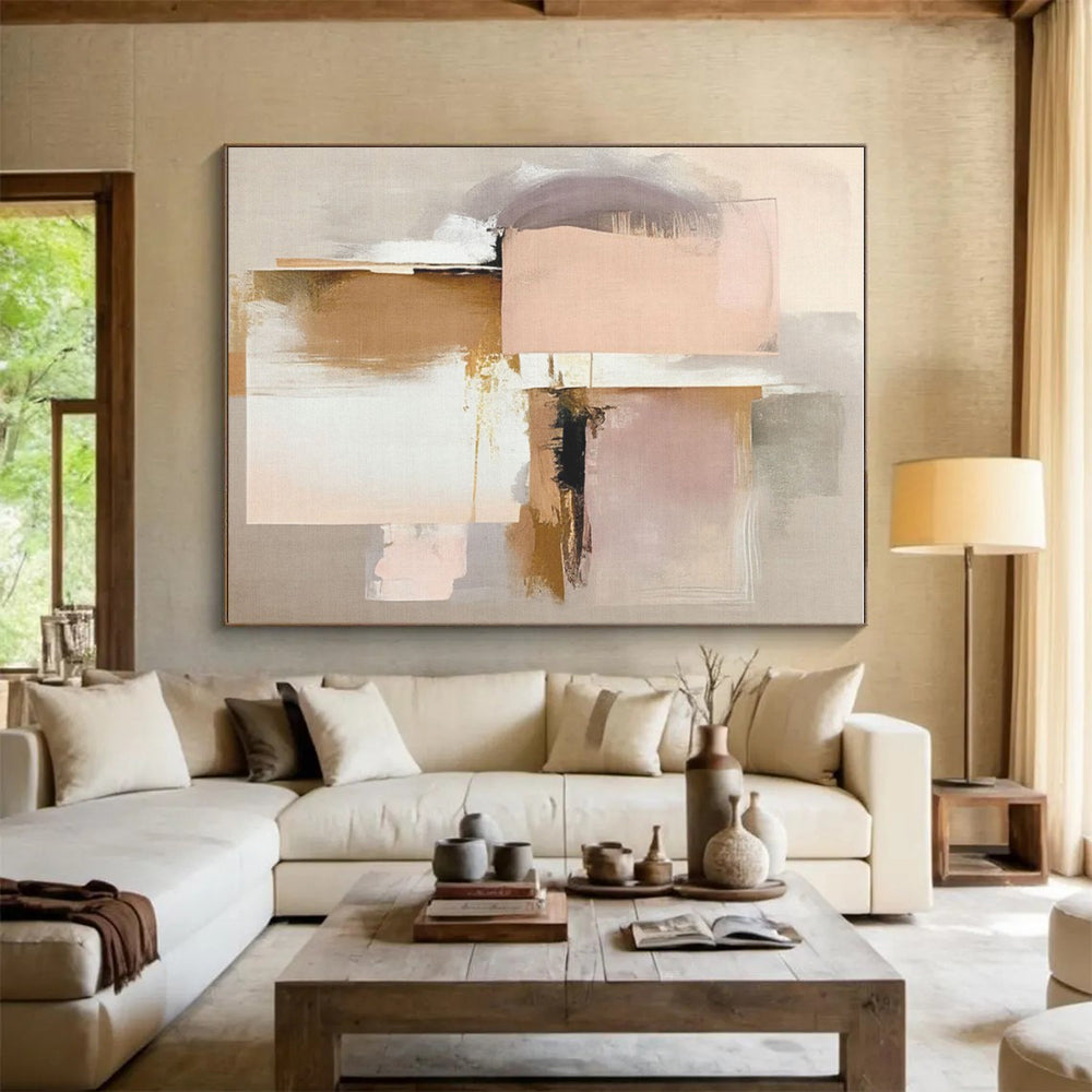 “Blush & Gold Abstract Squares” - Blush, Gold, Gray, White Abstract Geometric Painting On Canvas PS0759
