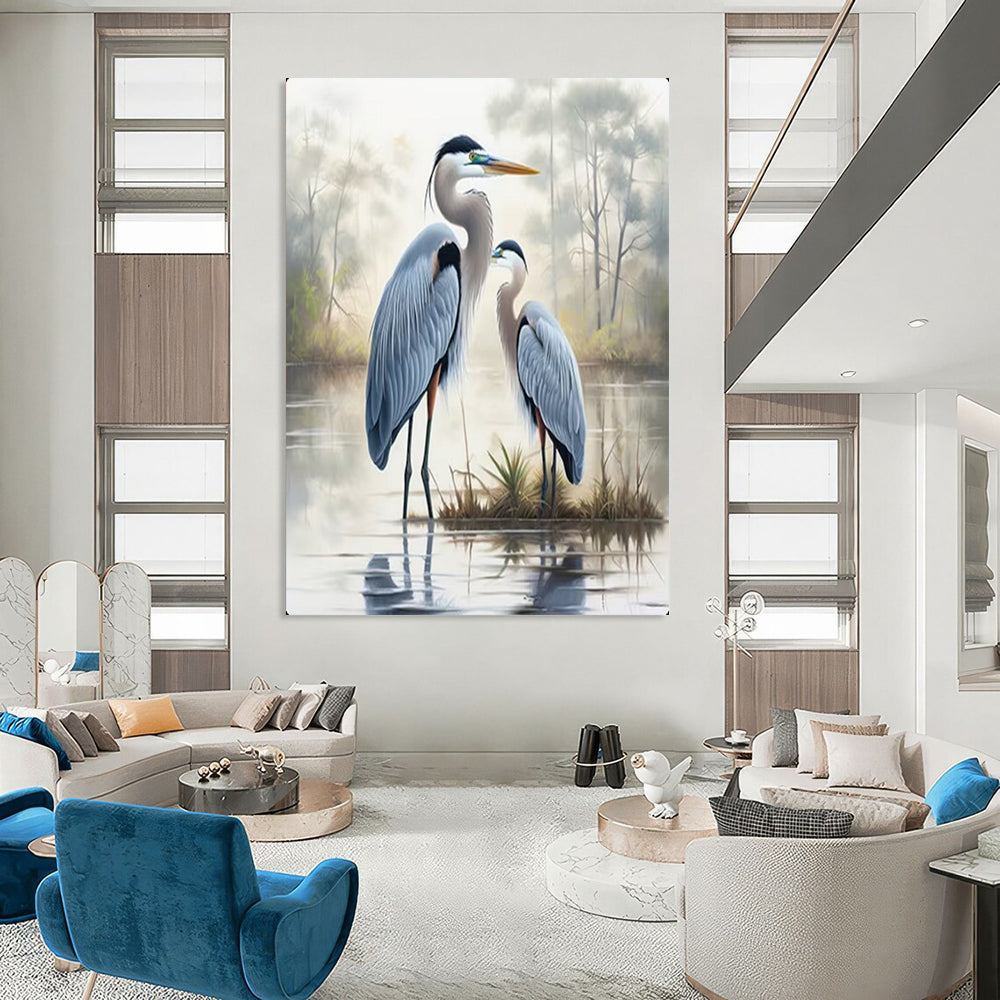 Blue Herons in Misty Marsh, Romanticism like Turner, Wildlife Painting On Canvas PT2129