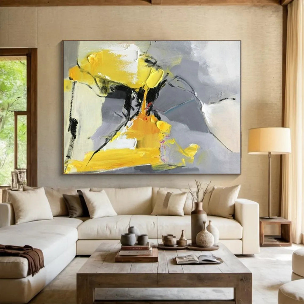 “Gray - Yellow Abstract Dance” - Gray, Yellow, Black Abstract Fluid Painting On Canvas PS0618