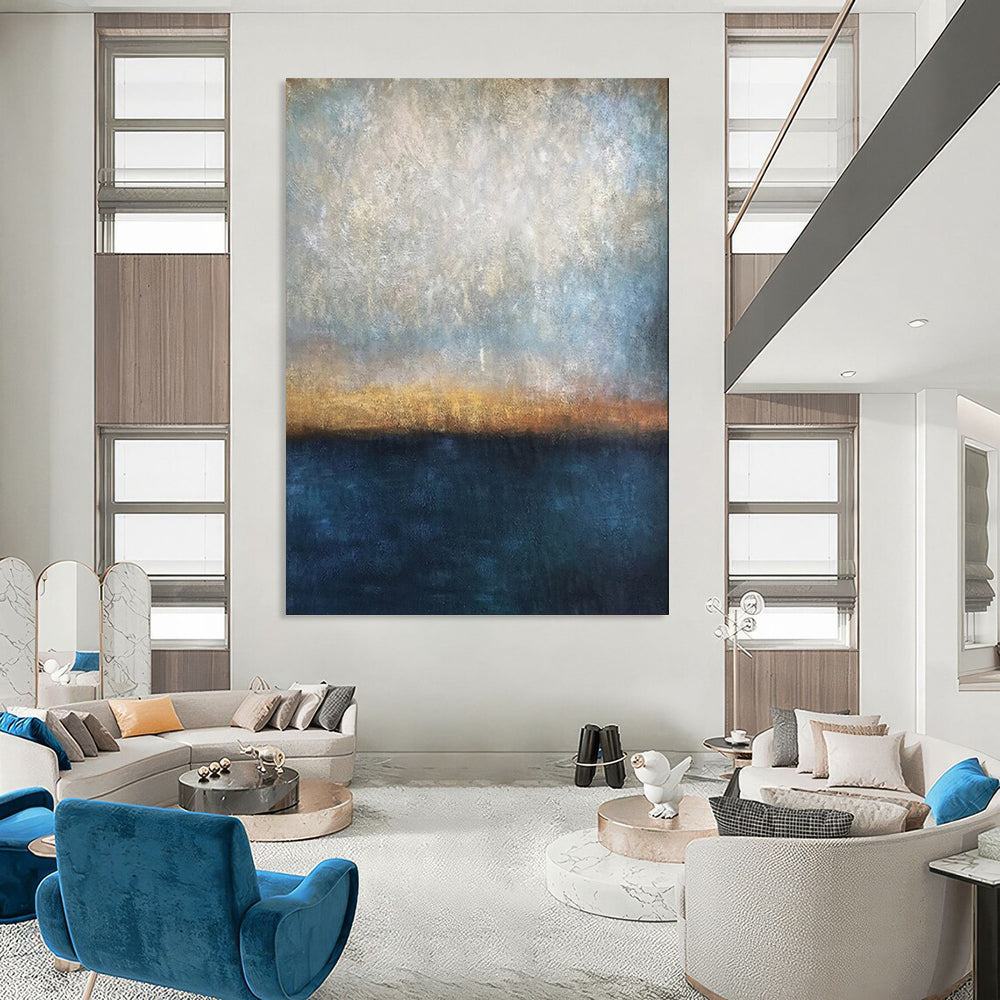 “Blue - Gold - Gray Sea Horizon” - Abstract Seascape Painting On Canvas PT1983