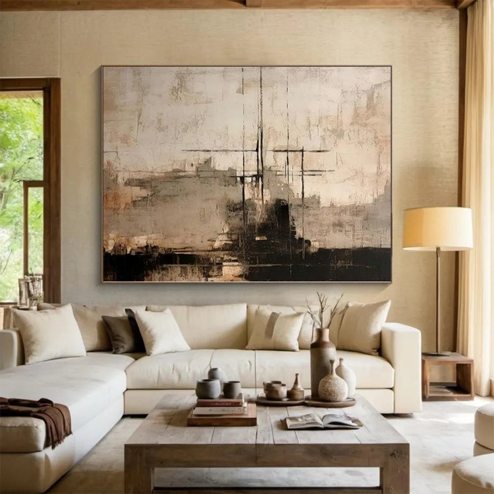 “Neutral Toned Abstract with Black Crossed Lines” - Geometric Abstract Painting On Canvas PS0272