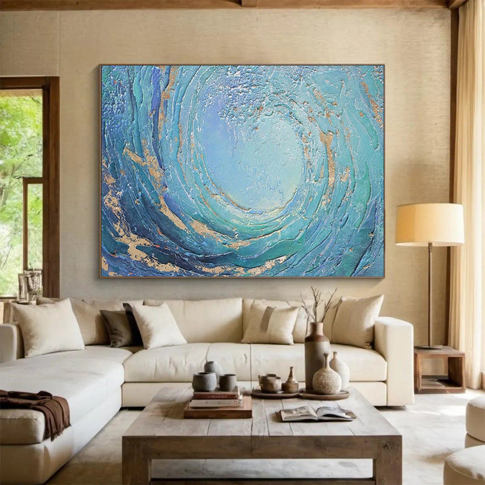 “Blue - Gold Swirl Ocean” - Textured Abstract Painting On Canvas PT254