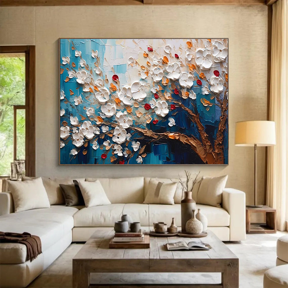 “White Flowers on Blue” - Impasto Oil Painting On Canvas DKS888