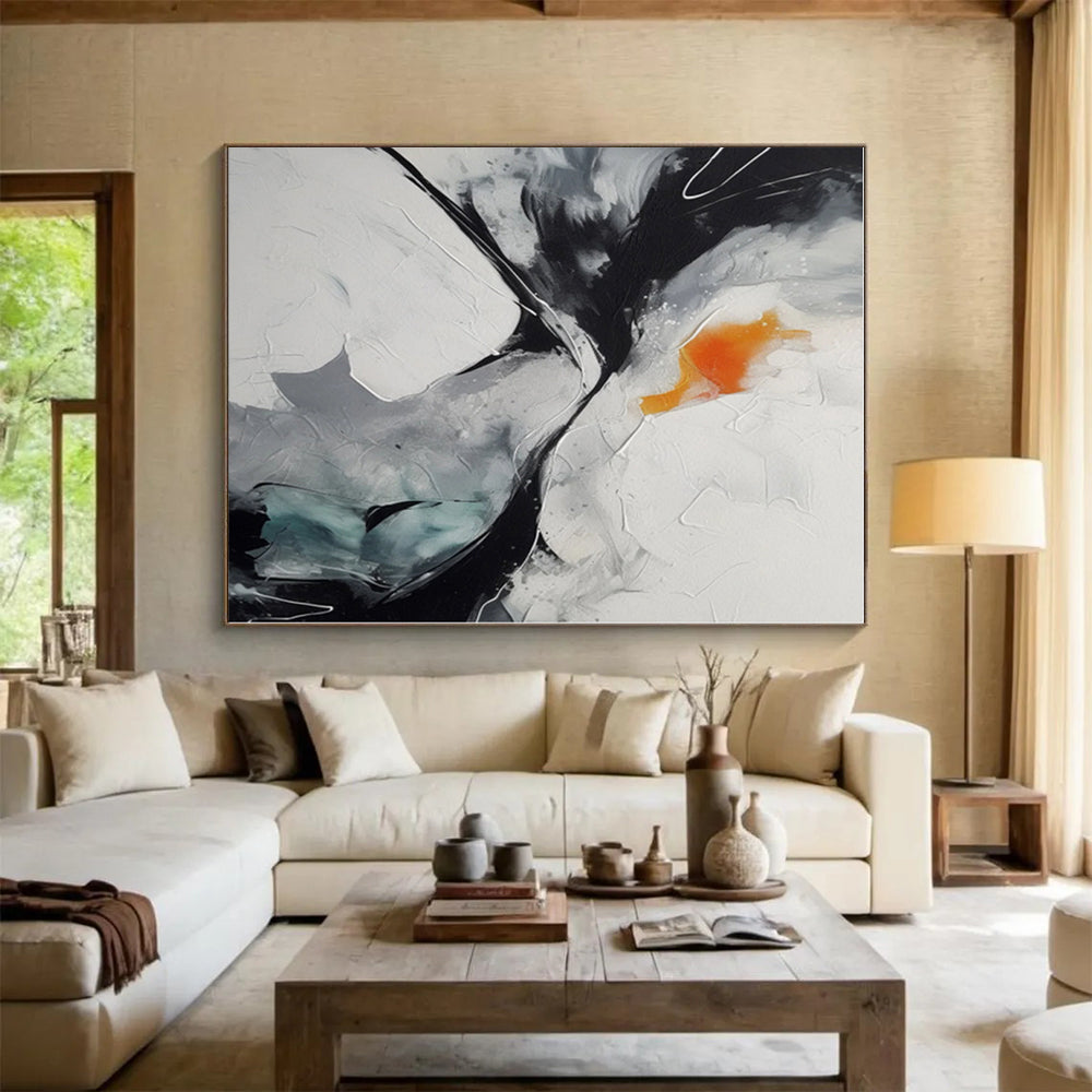 “Black - White - Orange Dynamic Swirl” - Black, White, Orange Abstract Swirl Painting On Canvas PS0571