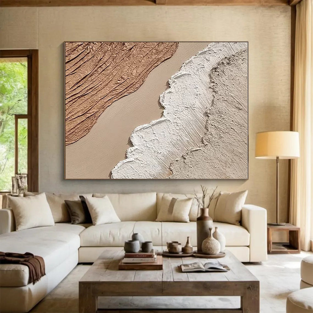 “Textured Earth Layers” - Beige, Brown, White Abstract Landscape Painting On Canvas PS0673