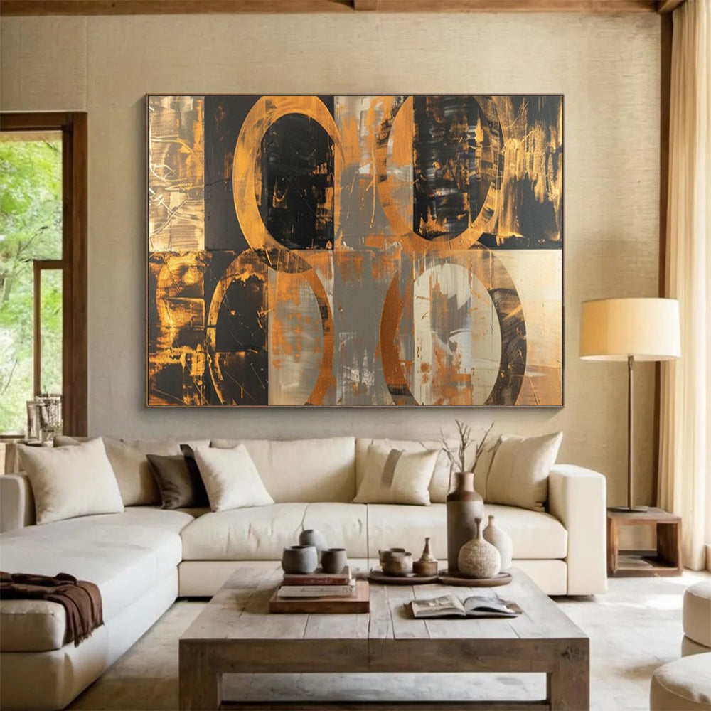 “Black - Gold Circles & Gray Background” - Abstract Geometric - Painting On Canvas PT1716