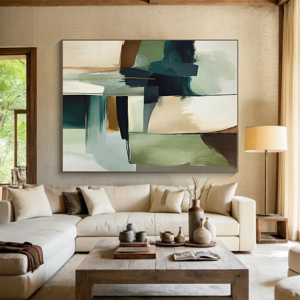 “Teal & Gold Abstract Geometry” - Teal, Gold, Green, White Abstract Geometric Painting On Canvas PS0757