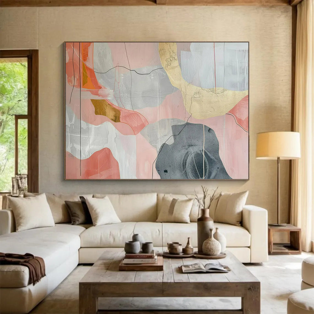 “Pink - Gray Abstract with Gold Details” - Modernist Abstract - Painting On Canvas PT1761