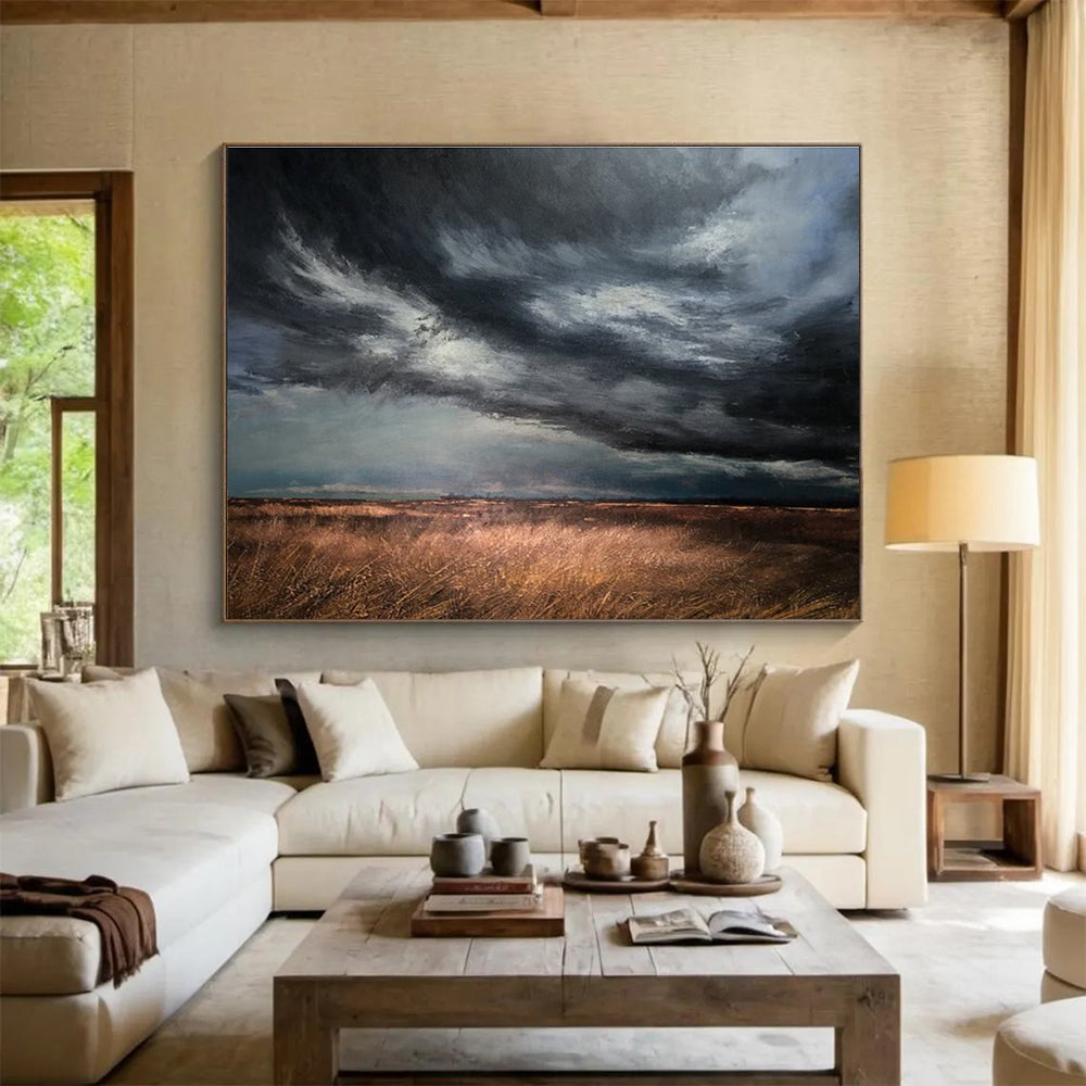 “Stormy Field Drama” - Gray, Black & Brown Landscape, Realist Oil Painting On Canvas DKS779