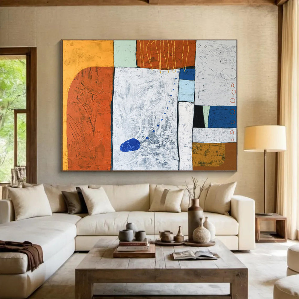“Textured Color Blocks in Orange, Green, Blue” Mixed Media Abstract Painting On Canvas PT1807