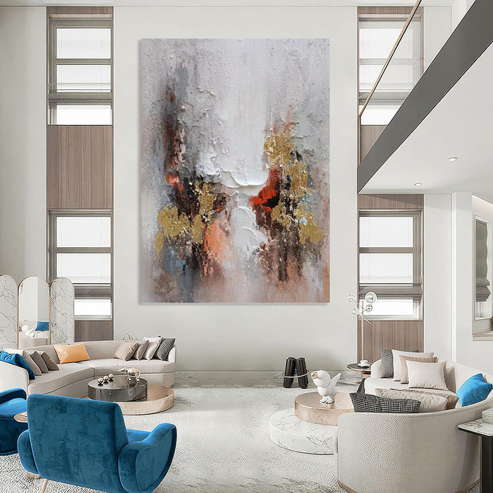 “Grey - Gold Abstract Bursts” - Impasto Abstract Painting On Canvas PT1168