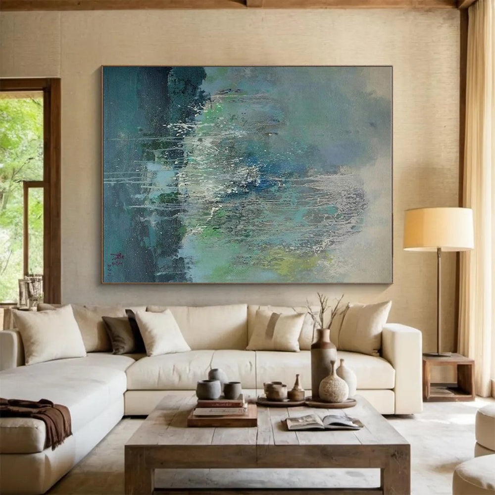 “Waterfall Of Colors” - Blue, Green, White Abstract Drip Painting On Canvas PS0638