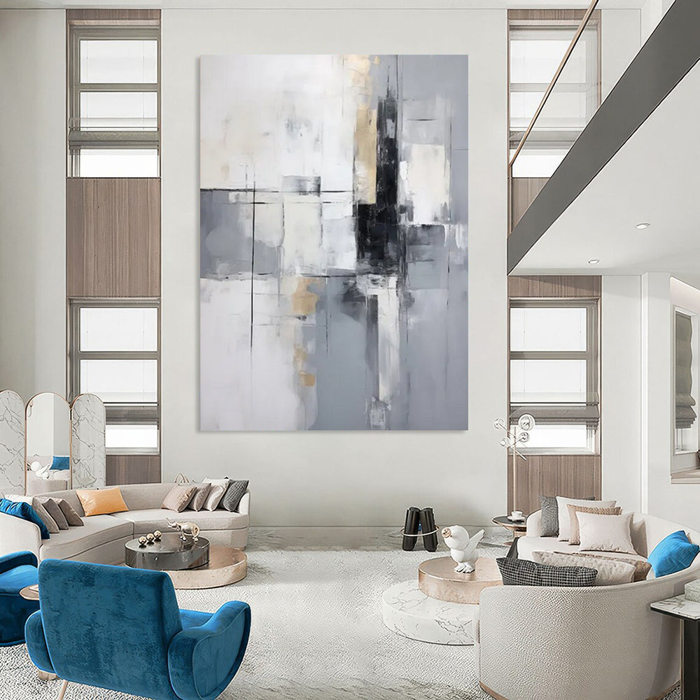 “Monochrome Grid” - Subtle Gray Tones & Geometric Lines Painting On Canvas DS138