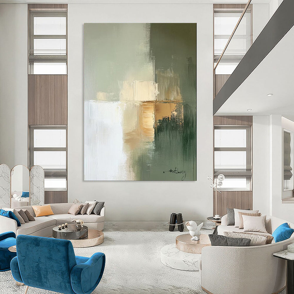 “Soft Green - Gold Abstract Blocks” - Abstract Painting On Canvas PT2081