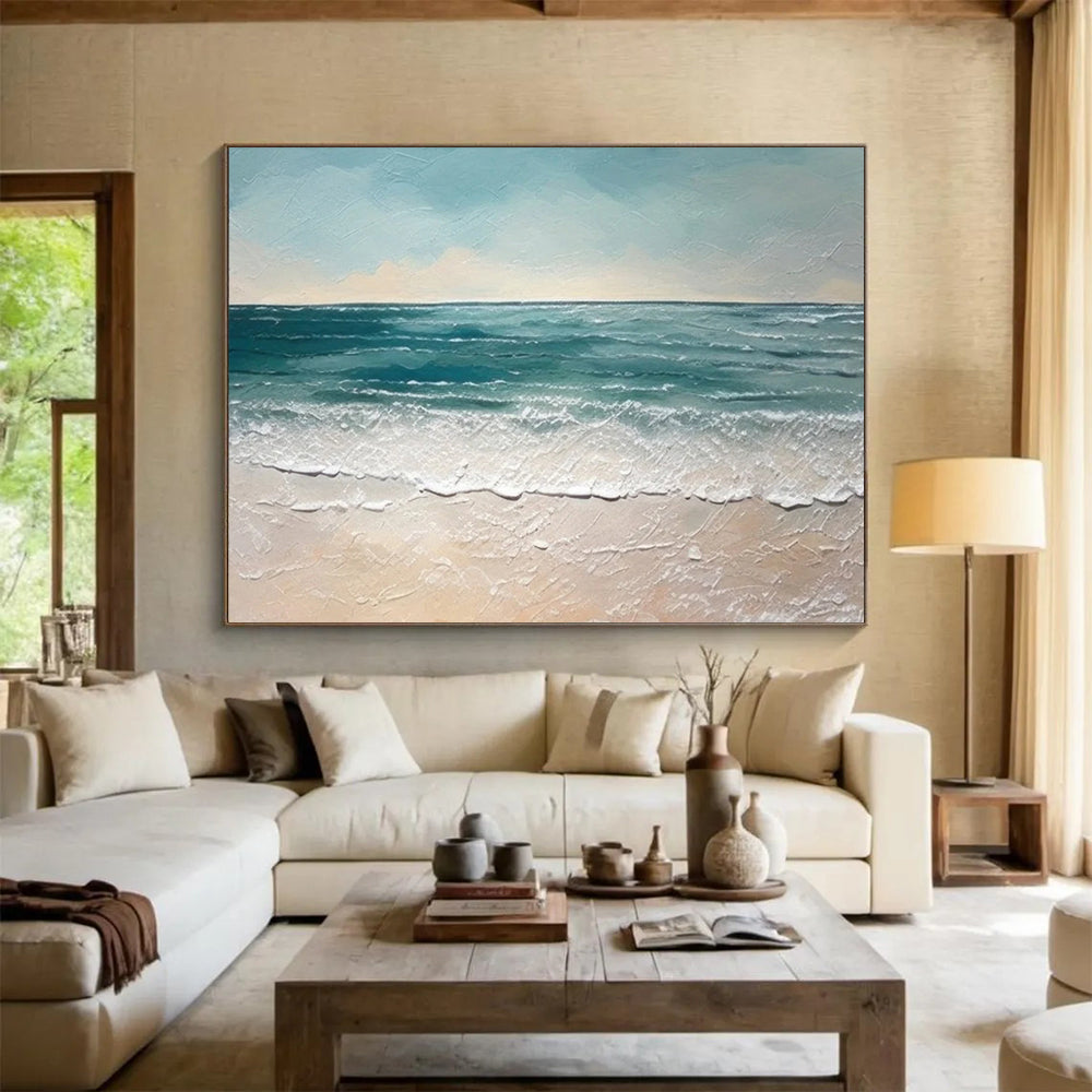 “Textured Seaside in Blues and Beiges” - Impasto Seascape Painting On Canvas PT062