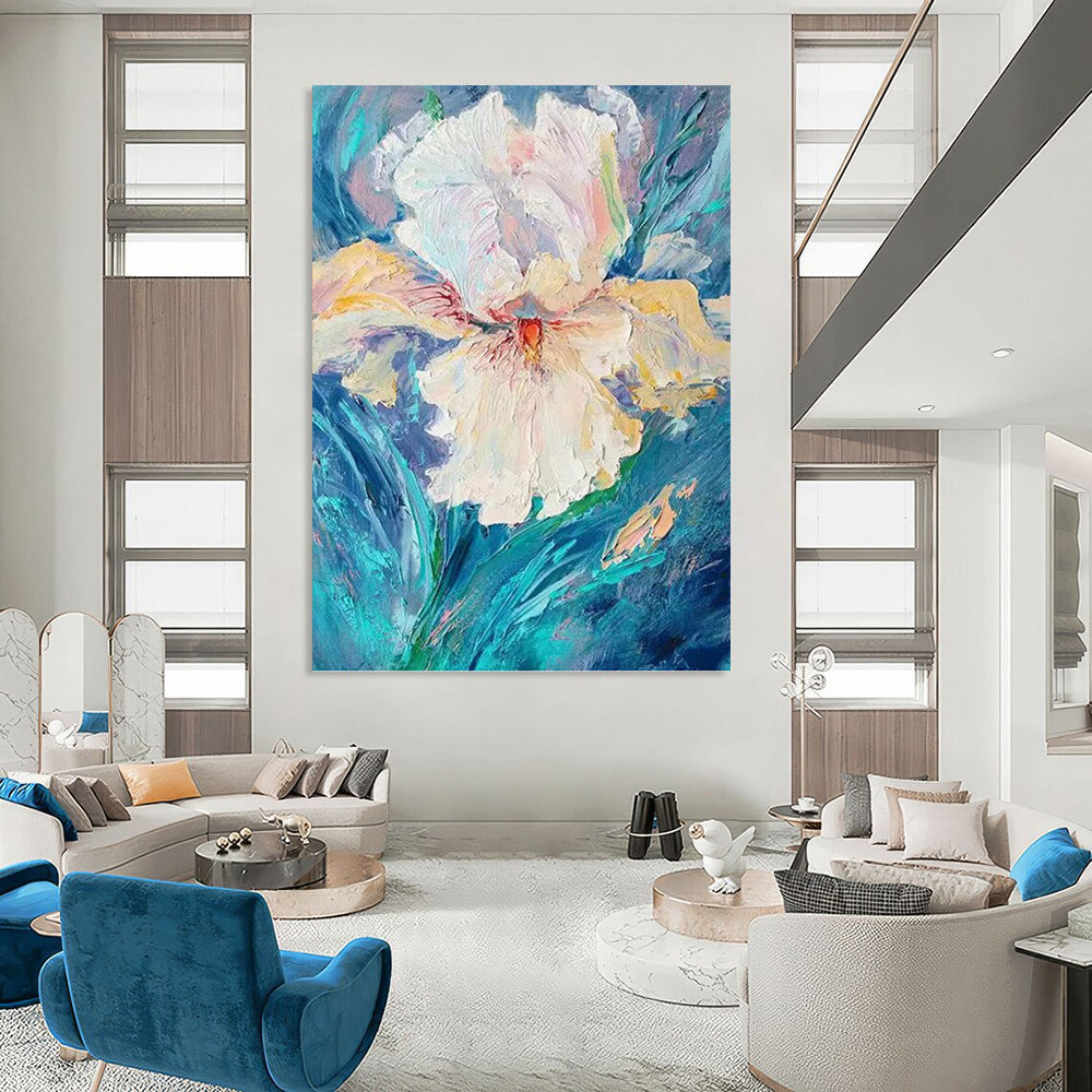 “White Flower: Textured Impasto on Blue” - Impressionistic Floral Painting On Canvas PT0942