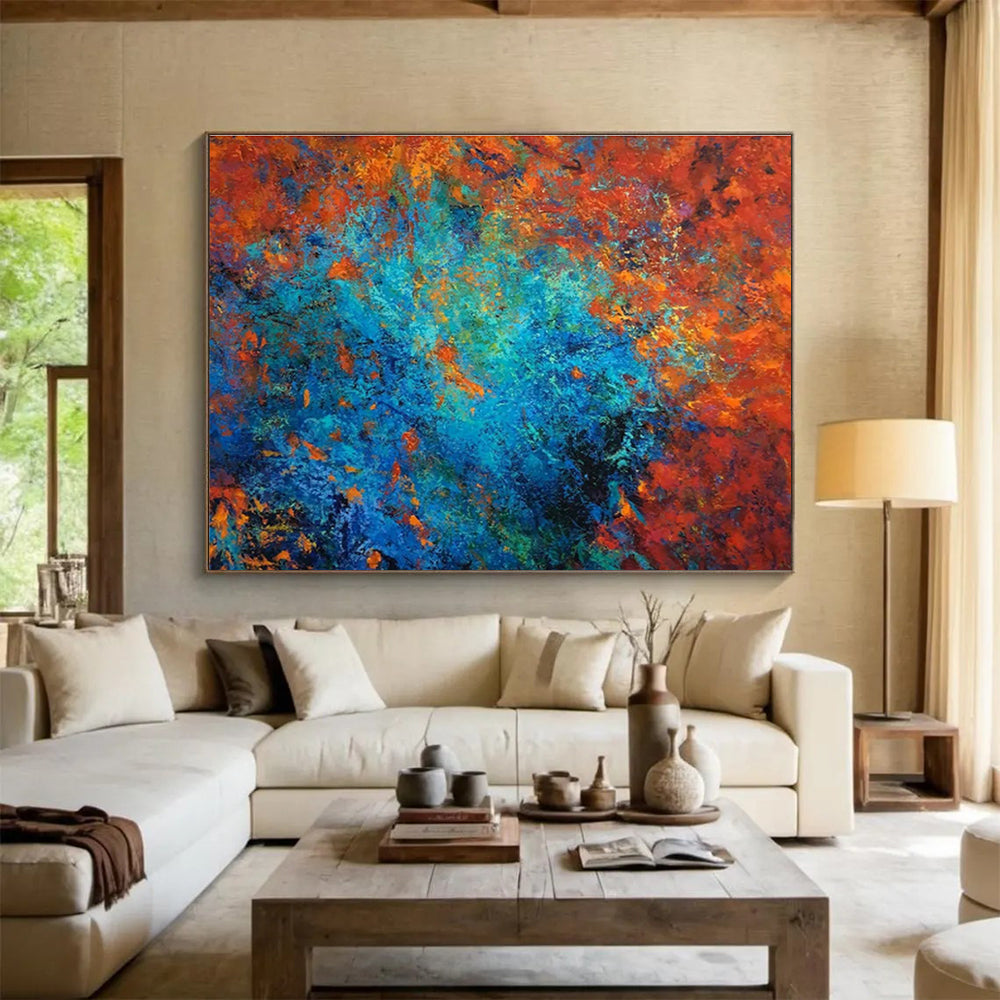 “Fiery Blue Abstract Burst” - Red, Blue & Orange Abstract, Energetic Acrylic Painting On Canvas DKS723